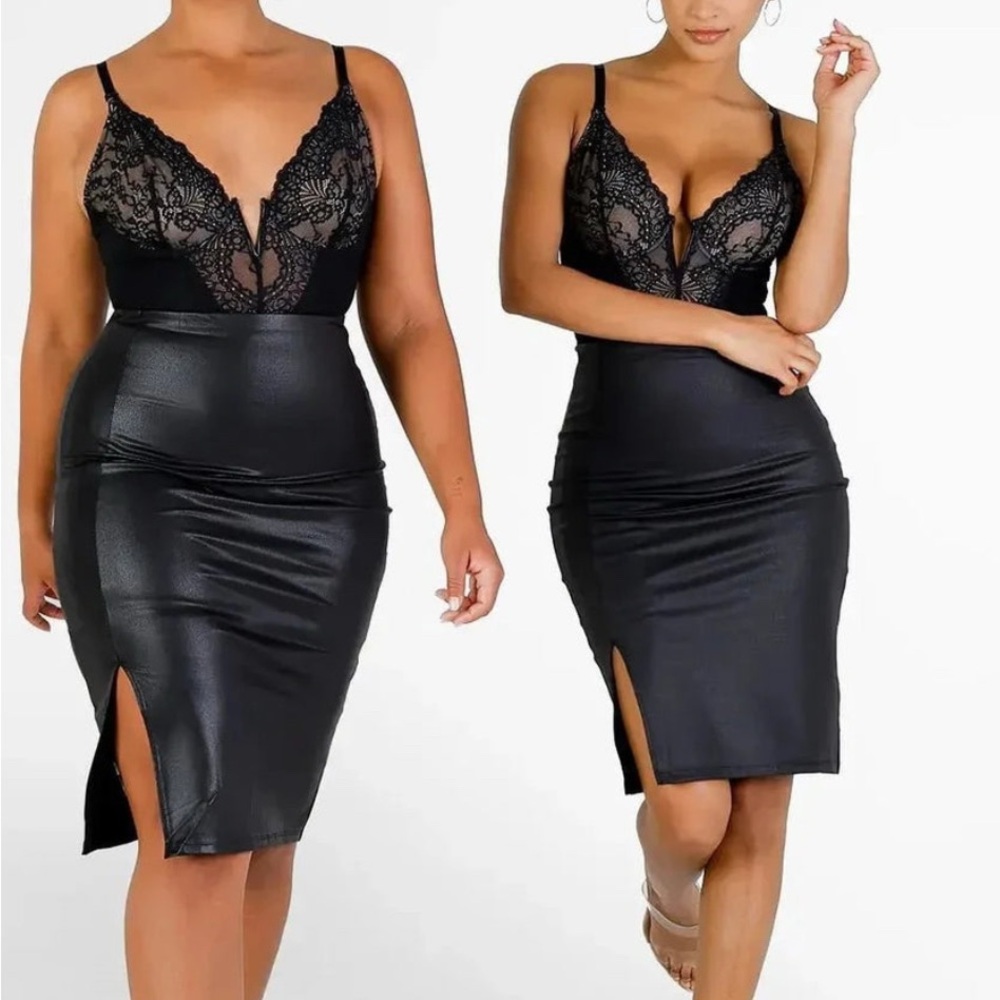 Popilush Shapewear Sculpting Faux Leather Front Slit Midi Skirt NWT